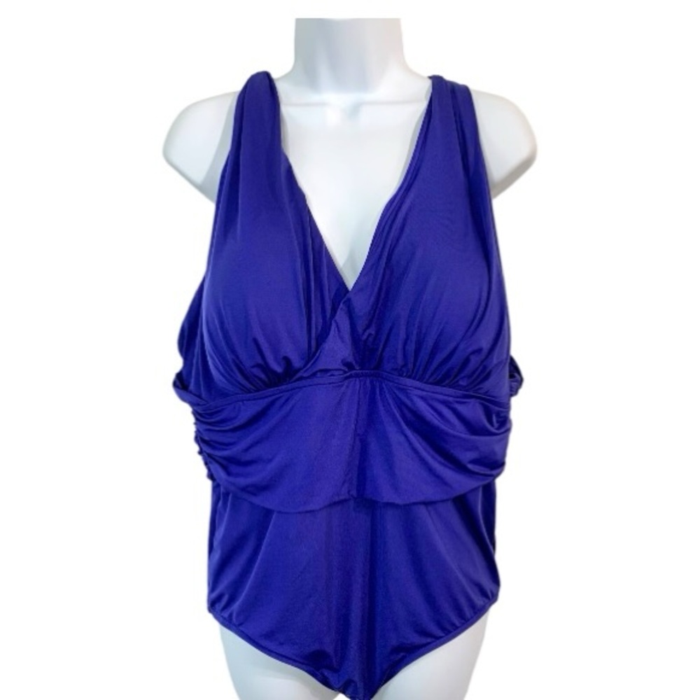 BADGLEY MISCHKA Mío Plunge Midnight Blue Shirred Waist 1 pc Swim Sz 18 - Picture 7 of 13